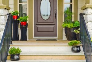 dark brown replacement front door with frosted glass